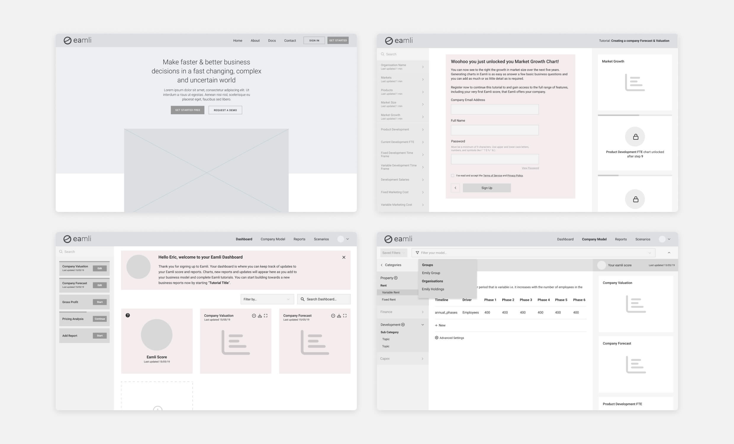 Example wireframes for the eamli product