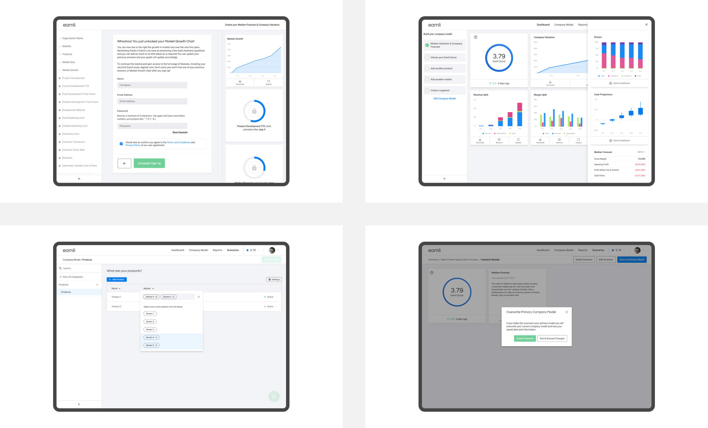 4 screens showing examples of the eamli MVP UI including the dashboard and user onboarding screens