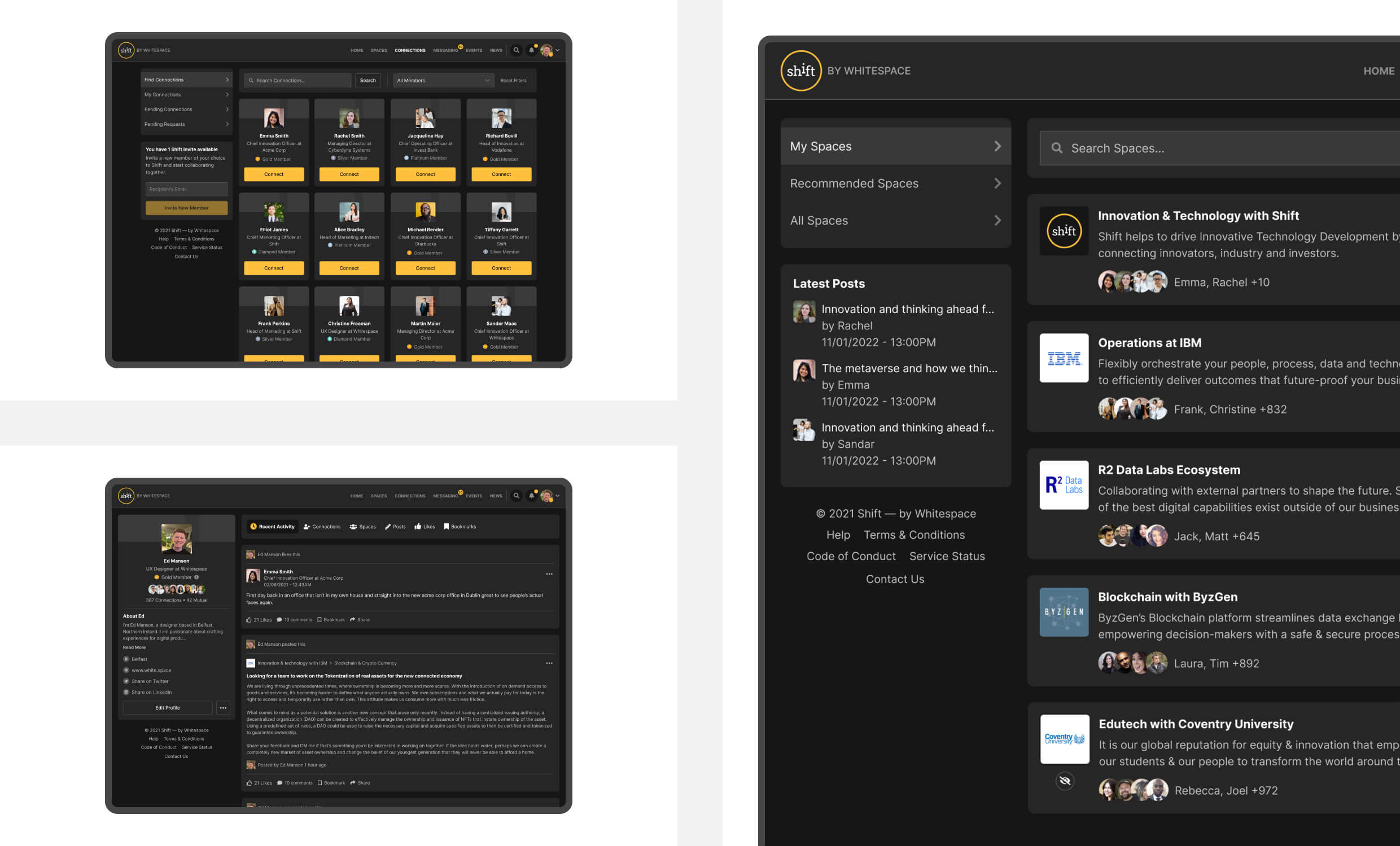 Examples of the Shift UI on desktop including the members view, user profile view and Spaces view