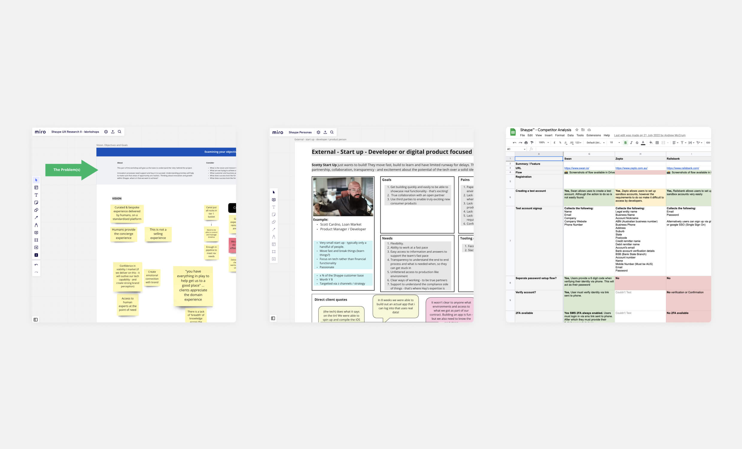 Three images showing Miro planning and research boards and a screenshot of the Shaype competitor analysis