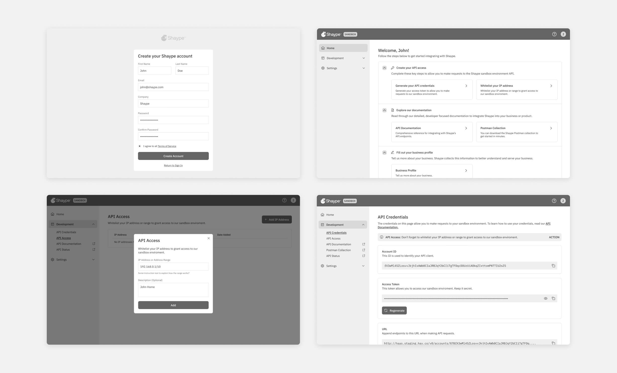 4 screens showing examples of the Shaype POC wireframes including the registration page, dashboard, API access modal and API credentials screen