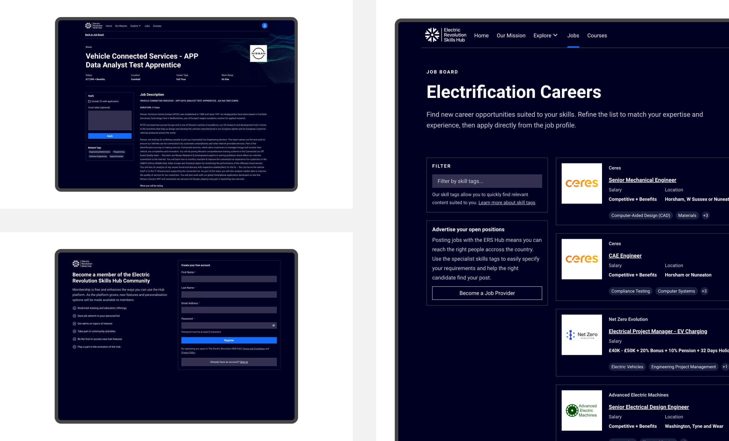 3 screens showing examples of the ERS Hub UI including the registration page, jobs page and job screen