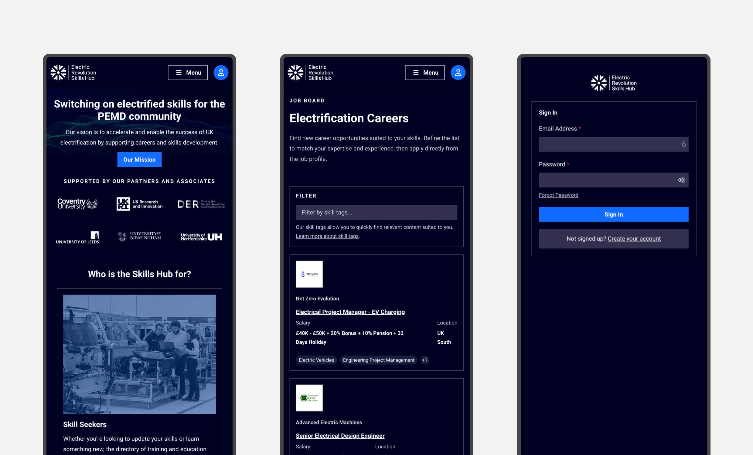 3 screens showing examples of the ERS Hub mobile UI including the home page, jobs page and log in screen