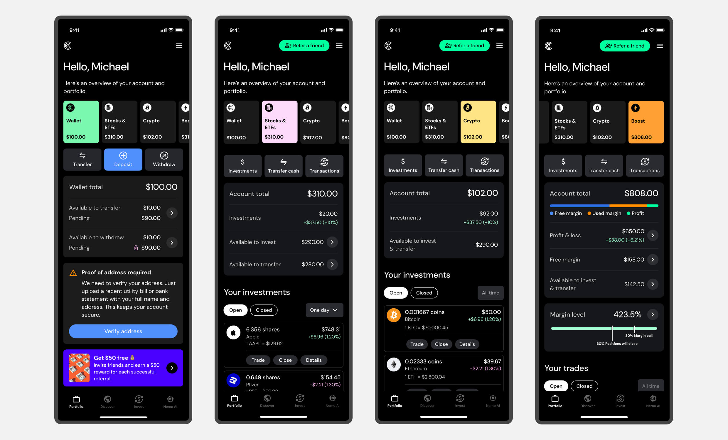 Examples of Nemo's new portfolio pages UI design