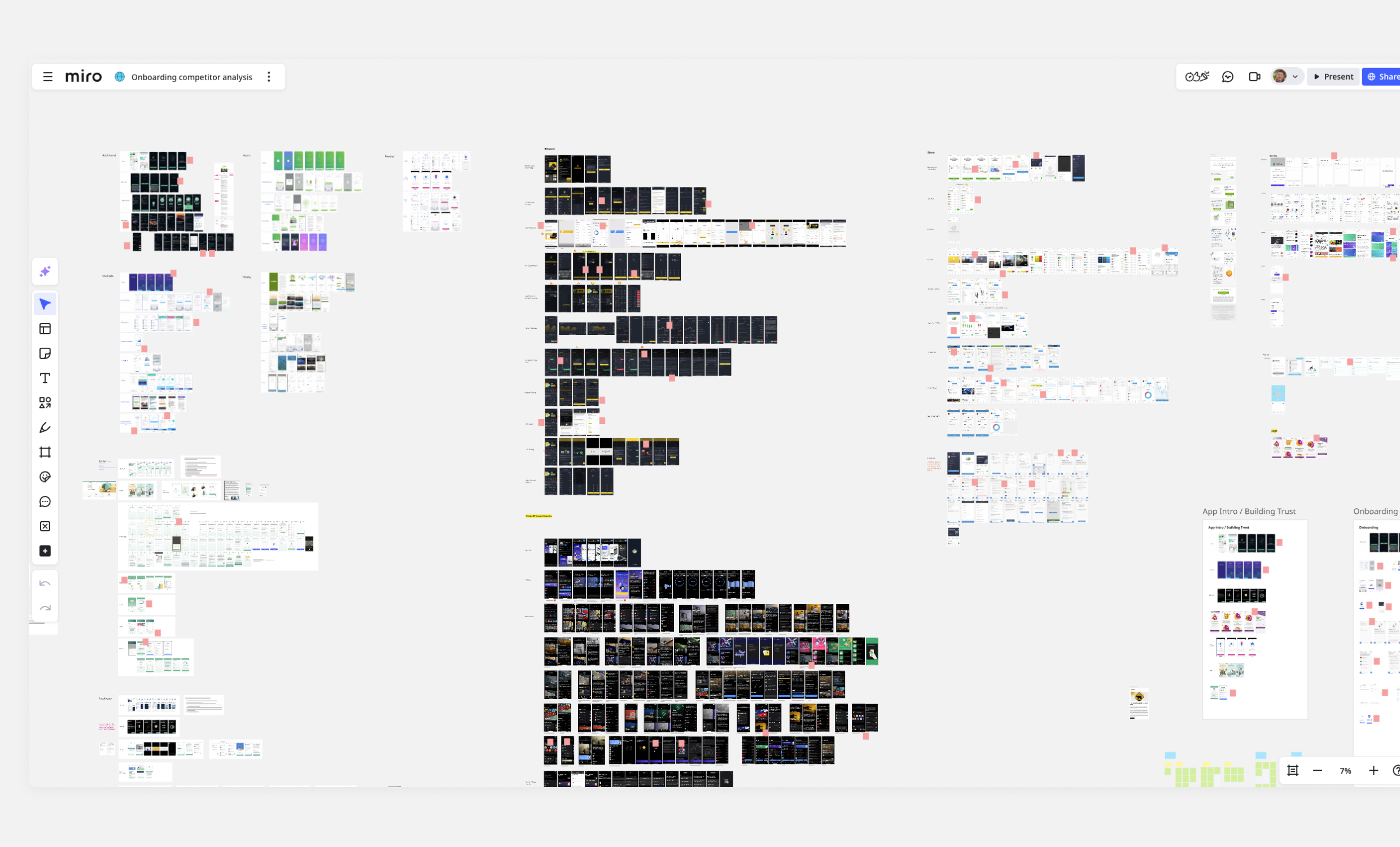 A large Miro board featuring dozens of onboarding screens from various apps, grouped by pattern and annotated with observations for comparative analysis.
