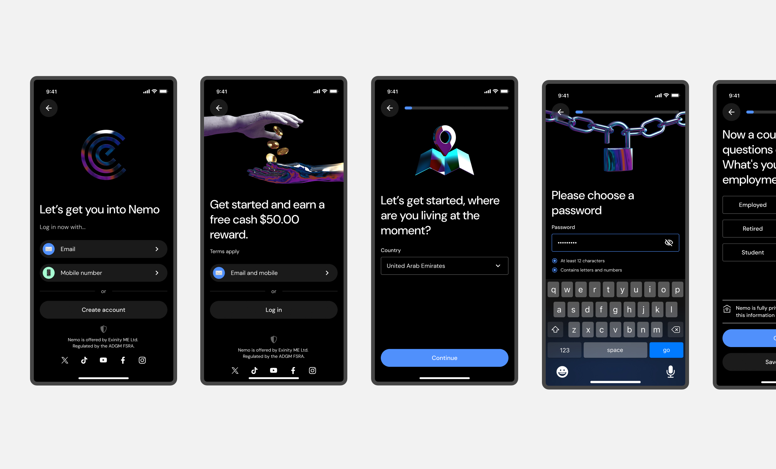 Five mobile screens showing updated onboarding steps including login, reward offer, country selection, password input, and employment status selection using a dark, branded interface.